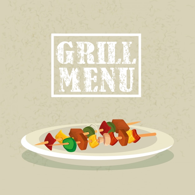 Vecteur gratuit menu de grillades avec une délicieuse brochette dans un plat