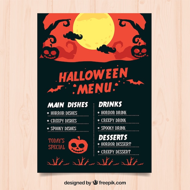 Vecteur gratuit menu de halloween avec pleine lune et arbres