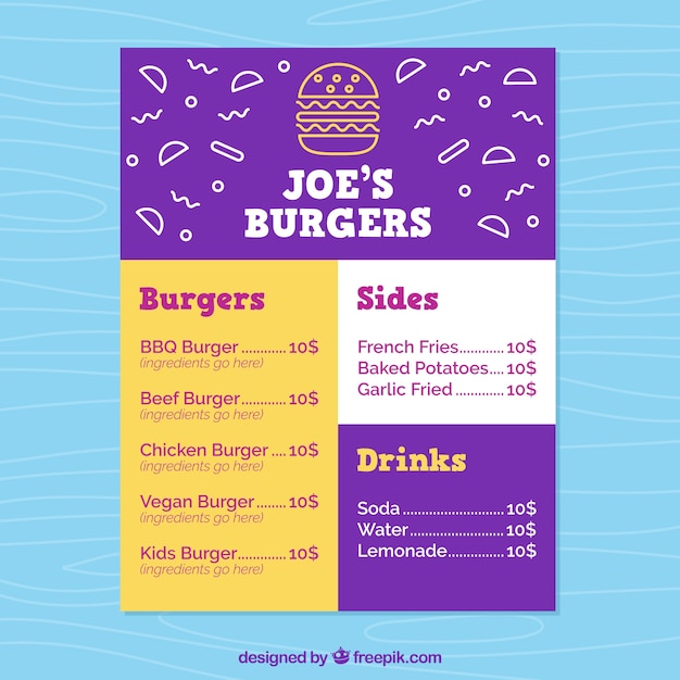 Menu De Hamburger Coloré Dans Un Design Plat