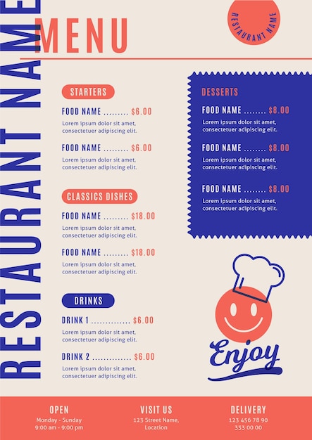 Menu Illustré Pour Restaurant Au Format Vertical