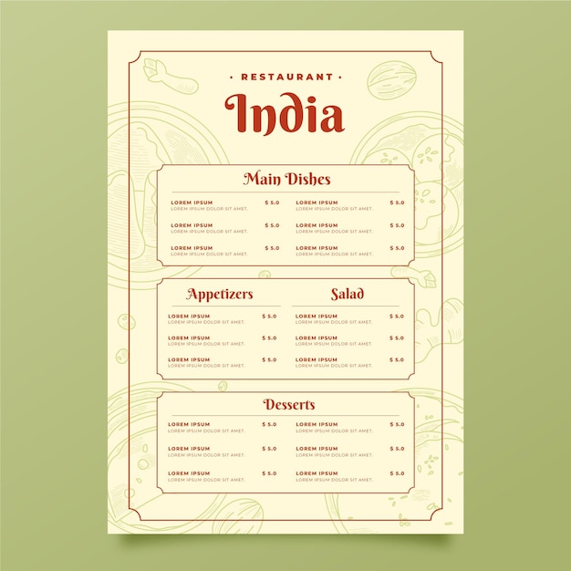 Vecteur gratuit menu indien dessiné à la main de gravure