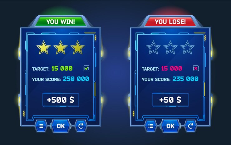 Vecteur gratuit menu de jeu vous gagnez et perdez l'espace gamer ui lueur panneau avec boutons. interface ski-fi avec éléments d'interface graphique, étoiles de taux de joueur, cible, argent, score, ok et redémarrer, conception graphique vectorielle de profil