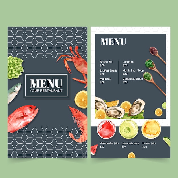 Vecteur gratuit menu de la journée mondiale de l'alimentation pour le restaurant. avec des illustrations à l'aquarelle de crabes, poissons, crevettes.