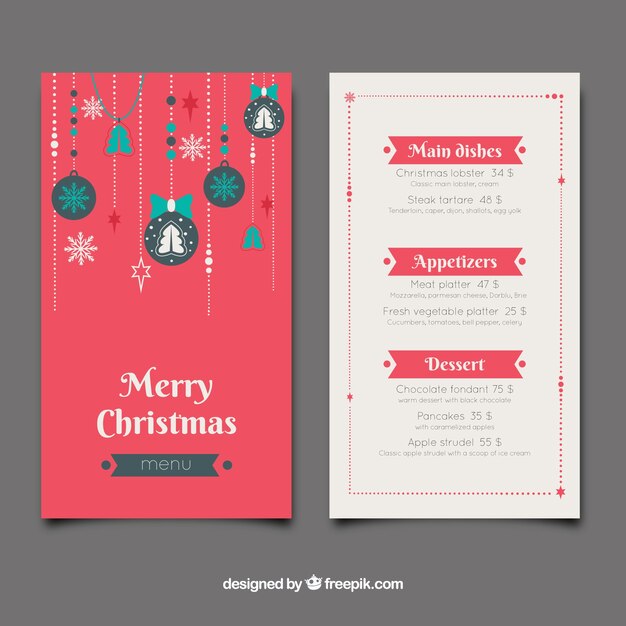 Menu de Noël avec des boules de Noël