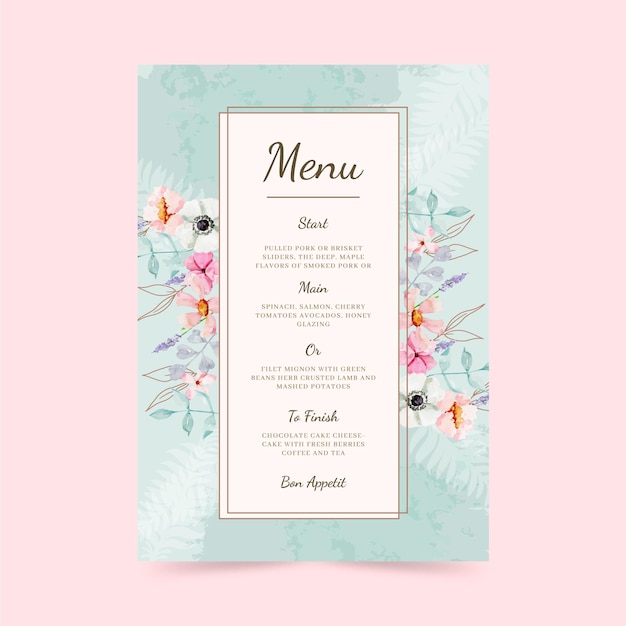 Vecteur gratuit menu de nourriture savoureuse floral aquarelle