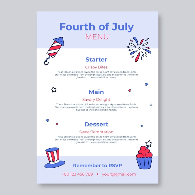 Vecteur gratuit menu de pique-nique familial bicolore linéaire du 4 juillet