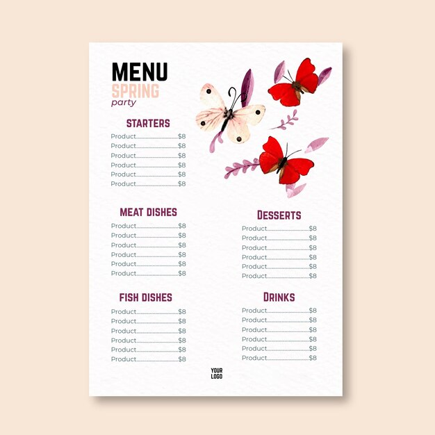 Menu de printemps aquarelle avec des papillons