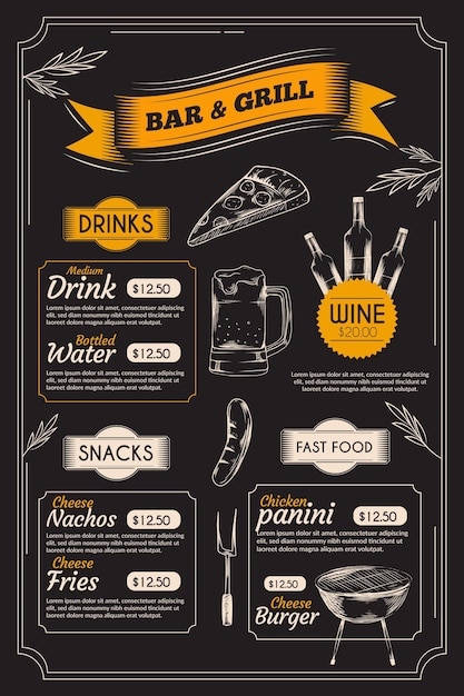 Vecteur gratuit menu de restaurant créatif à usage numérique avec illustrations