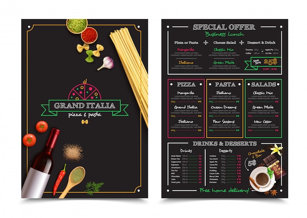 Vecteur gratuit menu de restaurant italien avec offre spéciale pour les éléments de conception de déjeuner d'affaires