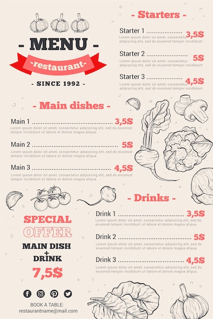 Vecteur gratuit menu de restaurant numérique