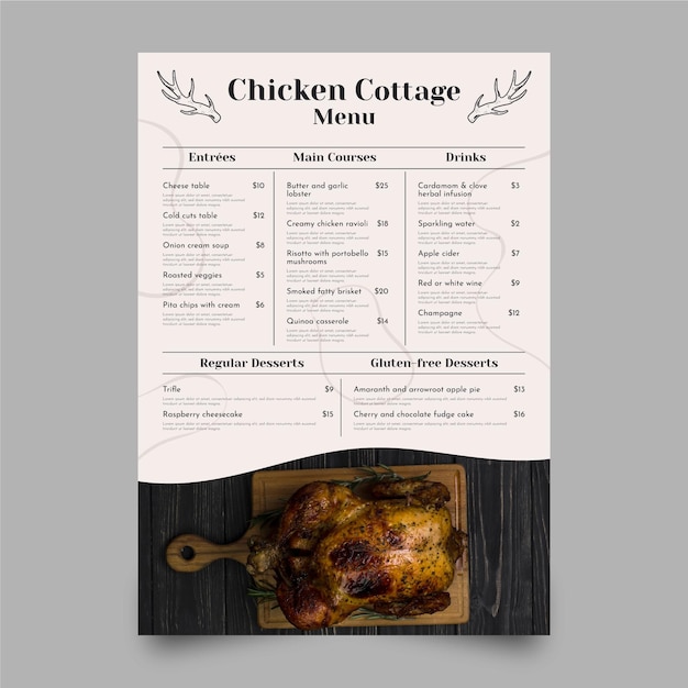 Vecteur gratuit menu de restaurant plat rustique avec photo