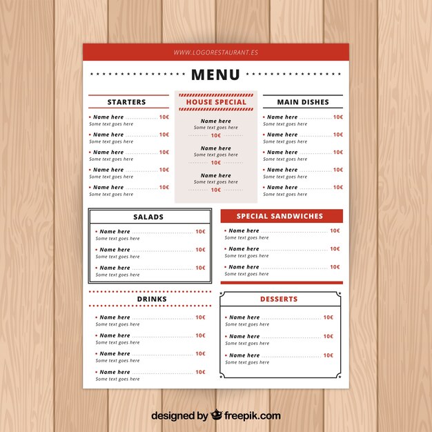 Menu restaurant rouge avec de nombreuses sections