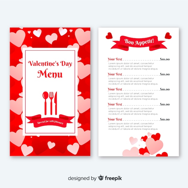 Vecteur gratuit menu saint valentin coeurs plats