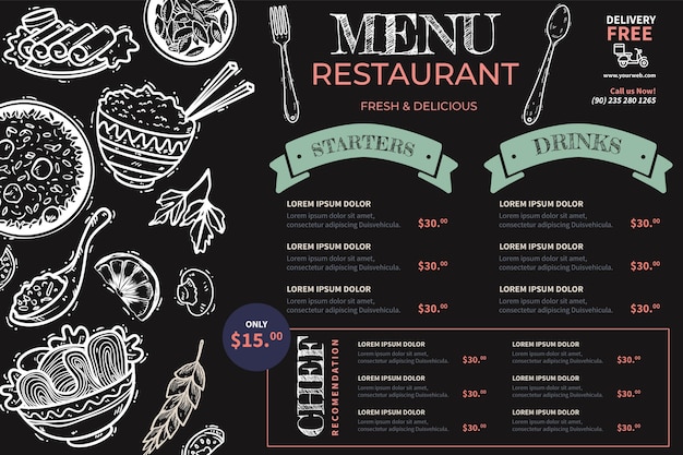 Vecteur gratuit menu de tableau noir dessiné à la main pour le restaurant