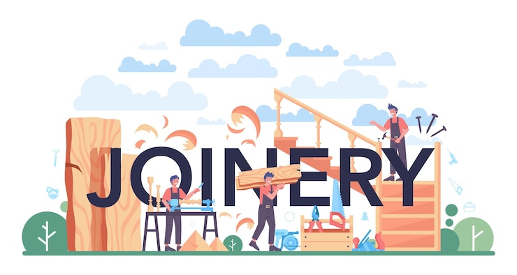 Vecteur gratuit menuisier en-tête typographique constructeur de meubles en bois travaillant avec du bois menuiserie et atelier de menuiserie illustration vectorielle isolée
