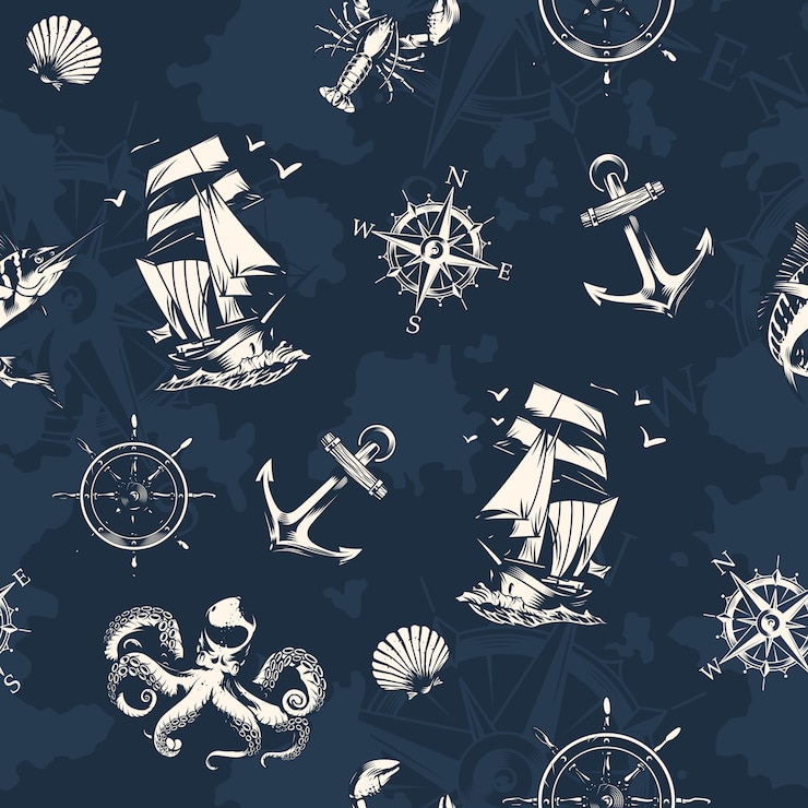 Vecteur gratuit mer et modèle sans couture nautique vintage