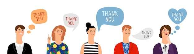 Merci les bannières. diverses personnes disent merci. hommes femmes parlant, personnages de vecteur de conversation de personnes d'affaires