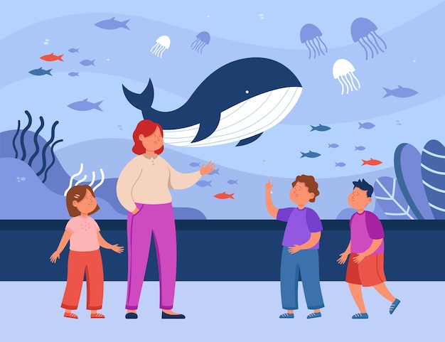 Mère de bande dessinée et enfants regardant les animaux de l'océan dans l'aquarium. femme et enfants à l'illustration vectorielle plane du zoo sous-marin. concept de famille, de faune marine pour la bannière, la conception de sites web ou la page web de destination