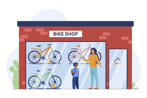 Vecteur gratuit mère et enfant choisissant un vélo dans un magasin de vélo. magasin, fils, illustration vectorielle plane parent. transport et mode de vie actif