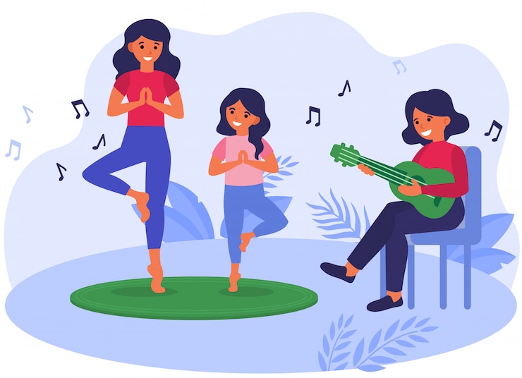 Vecteur gratuit mère et fille pratiquant le yoga à la musique acoustique