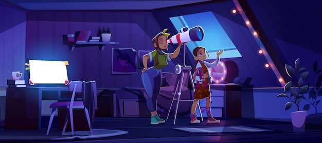 La mère et la fille regardent dans le télescope depuis le grenier, une jeune fille avec maman explore la lune et les étoiles dans le ciel nocturne. Apprentissage des sciences de l'astronomie, passe-temps de l'exploration spatiale, illustration vectorielle de dessin animé