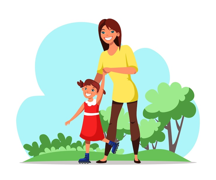 Vecteur gratuit une mère joyeuse enseigne à sa fille des promenades à roulettes dans le parc de la ville en plein air parent et enfant jouant passent du temps ensemble concept