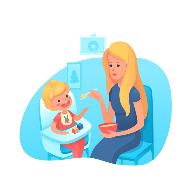 Mere Nourrissant Tout Petit Avec Illustration De Cuillere Parenting Illustration De La Maternite Bebe Garcon Assis Dans Une Chaise Haute Manger Des Cliparts De Nutrition Infantile Jeune Maman Avec Des Personnages De Dessins