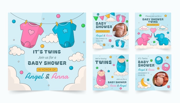 Vecteur gratuit messages instagram de douche de bébé dessinés à la main