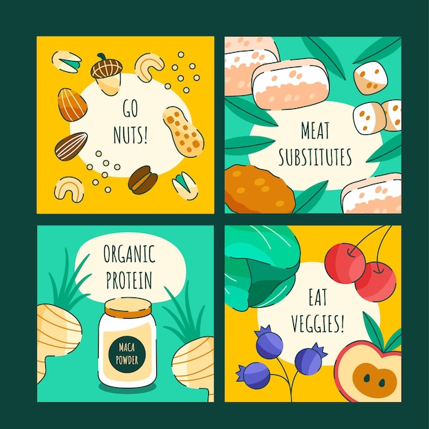 Vecteur gratuit messages instagram de nourriture végétarienne design plat dessinés à la main