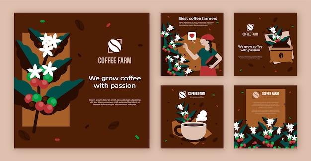 Vecteur gratuit messages instagram de plantation de café au design plat