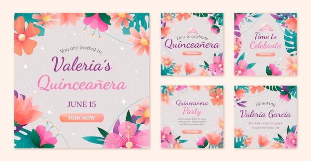 Vecteur gratuit messages instagram de quinceañera floral dégradé