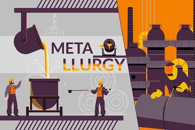 Vecteur gratuit metallurgy production composition with collage of flat icons of pouring liquid metal with workers and text vector illustration
