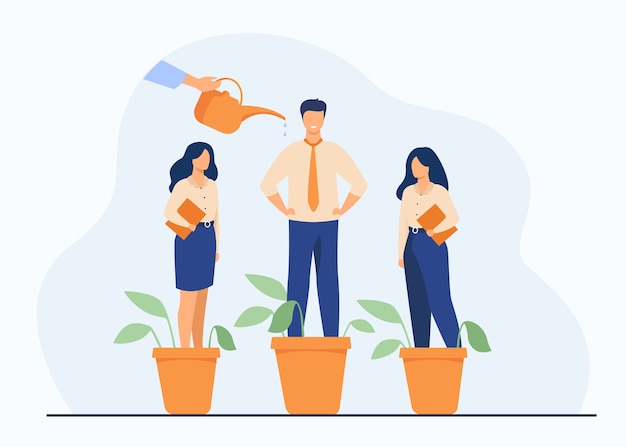 Vecteur gratuit métaphore des professionnels en croissance de l'employeur. arroser à la main les plantes et les employés dans des pots de fleurs. illustration vectorielle pour la croissance, le développement, le concept de formation professionnelle