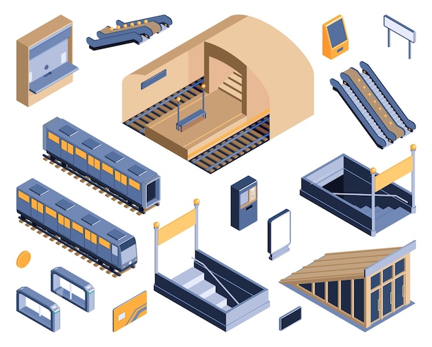 Vecteur gratuit métro métro transport ferroviaire souterrain ensemble isométrique avec entrée sortie escaliers escalator billet carte entraîneur illustration vectorielle