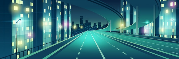 Vecteur gratuit métropole nocturne vide, quatre voies, éclairée avec la vitesse de l'éclairage public, autoroute de la ville avec passage supérieur ou pont au-dessus, aller aux bâtiments de gratte-ciel sur illustration vectorielle de horizon dessin animé