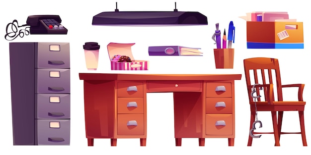 Meubles de bureau de détective sur fond blanc