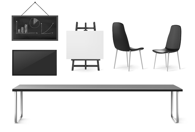 Vecteur gratuit meubles de salle de réunion et autres objets, salle de conférence pour réunions d'affaires, formation et présentation, table intérieure de bureau d'entreprise, chaises, écran et tableau isolé sur fond blanc, ensemble 3d