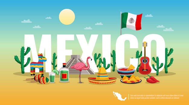 Vecteur gratuit mexique titre horizontal en-tête de composition horizontale avec drapeau national symboles traditionnels culturels grande lettre