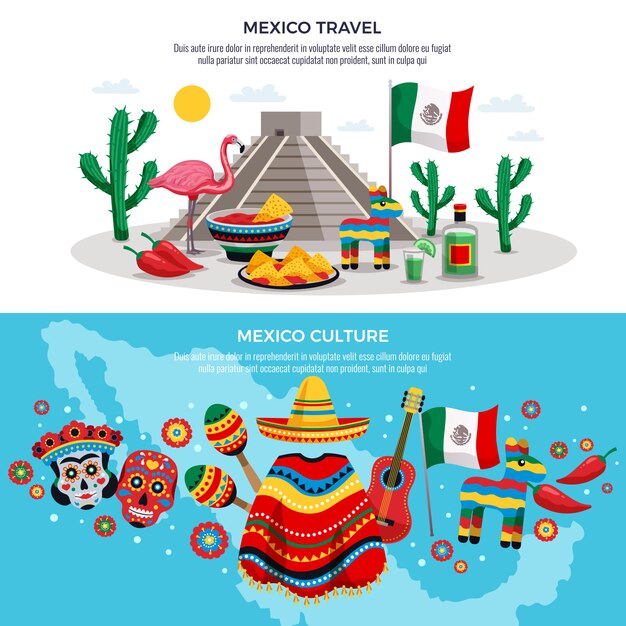 Mexique Voyage culture traditions touristiques symboles horizontaux avec carte masque solaire sombrero