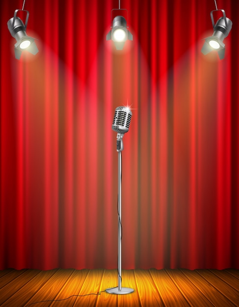 Vecteur gratuit microphone vintage sur scène éclairée avec rideau rouge trois projecteurs suspendus illustration vectorielle de plancher en bois