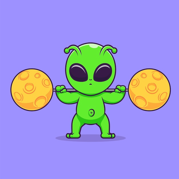 Vecteur gratuit mignon alien levant lune barbell cartoon vector icon illustration science sport icône isolé plat