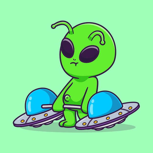 Vecteur gratuit mignon alien levant ufo barbell dessin animé vecteur icône illustration science sport icône concept isolé