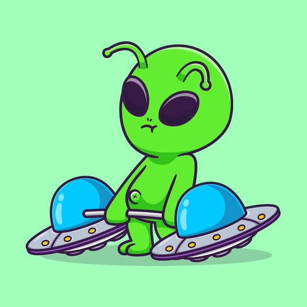 Mignon Alien Levant Ufo Barbell Dessin Animé Vecteur Icône Illustration Science Sport Icône Concept Isolé