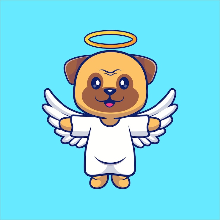 Vecteur gratuit mignon, ange, carlin, chien, voler, dessin animé, vecteur, icône, illustration, animal, vacances, icône, concept, isolé
