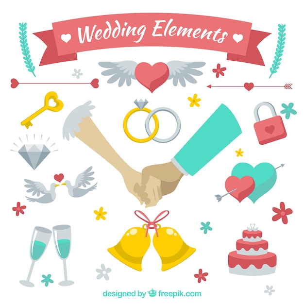 Vecteur gratuit mignon assortiment d'éléments de mariage