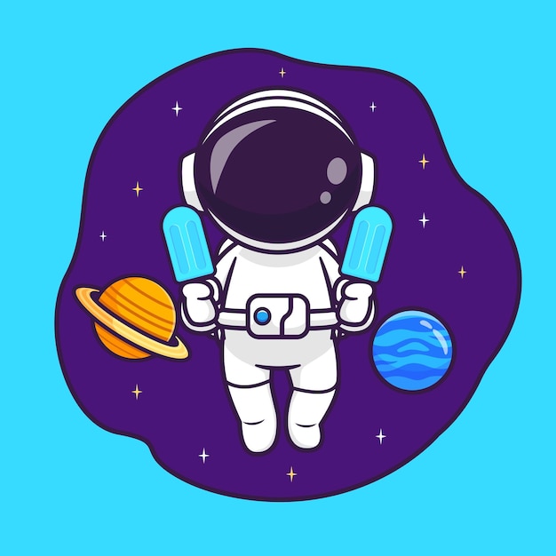 Mignon, Astronaute, Flotter, Dans, Espace, à, Popsicle, Glace, Dessin Animé, Vecteur, Icône, Illustration, Science