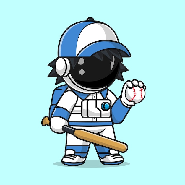 Vecteur gratuit mignon, astronaute, jouer, base-ball, dessin animé, vecteur, icône, illustration, science, sport, icône, isolé, plat