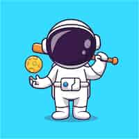 Vecteur gratuit mignon, astronaute, jouer baseball, lune, dessin animé, vecteur, icône, illustration, science, sport, icône, isolé