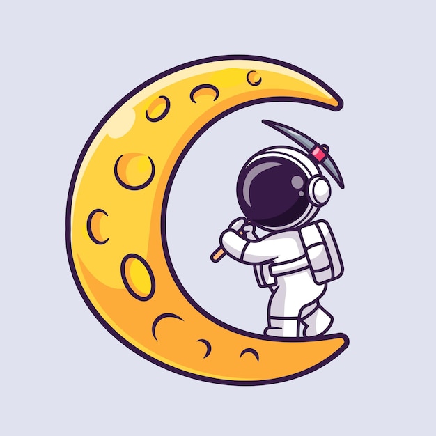 Mignon Astronaute Minier Lune Avec Illustration D'icône De Vecteur De Dessin Animé De Pioche. Icône De Technologie Scientifique