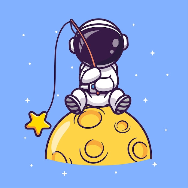 Mignon, Astronaute, Pêche, étoile, Sur, Lune, Dessin Animé, Vecteur, Icône, Illustration, Science, Technologie, Isolé